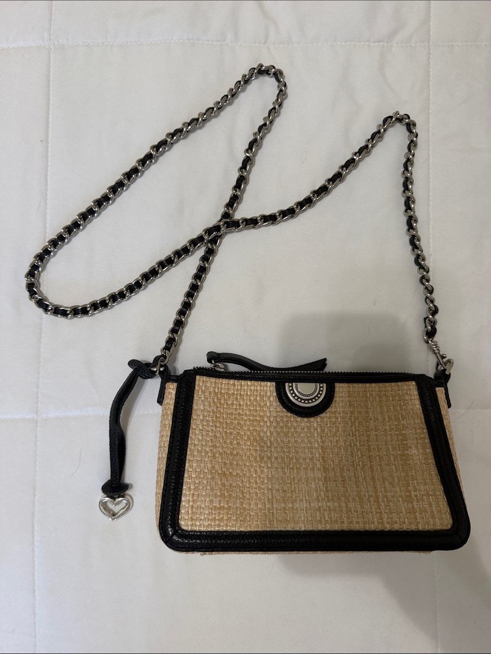 Brighton Beige Straw Crossbody with Black Trim and Chain Strap